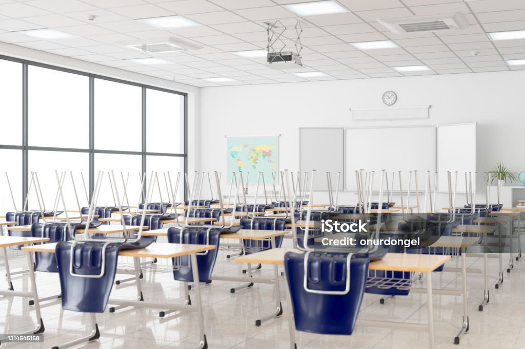 Empty Classroom Closed Due To The Covid-19 Pandemic School Building Stock Photo