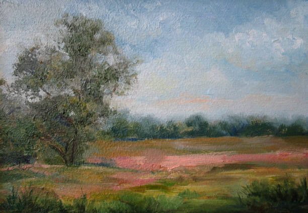 istock Summer landscape with a field and a tree, oil painting 1314545993