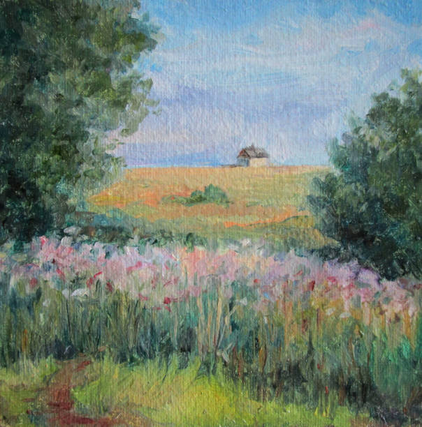 istock Little house on the horizont, oil painting 1314546029