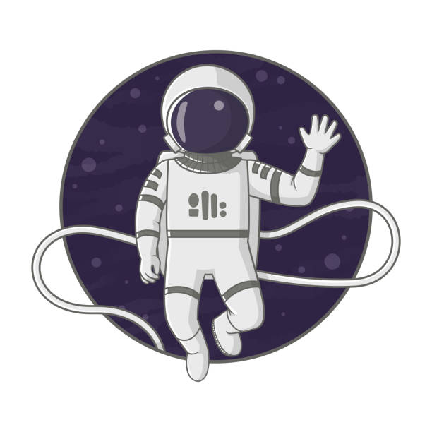 Astronaut floating on a tether in space waving. Cartoon illustration. Sign, poster, badge, sticker design. Vector. Astronaut floating on a tether in space waving. Cartoon illustration. Sign, poster, badge, sticker design. Vector. astronaut designs stock illustrations