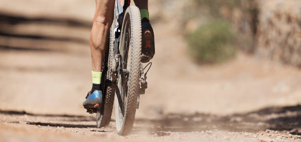 istock Mountain biker riding on bike singletrack trail 1314549158