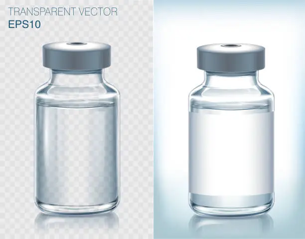 Vector illustration of Collection of medical vaccine bottles.  Transparent vector ampoule on light background