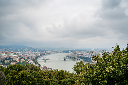 Budapest cityscape on a cloudy day.