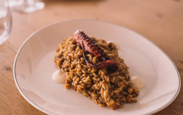 une délicieuse assiette gourmande de riz avec tentacule de poulpe dans un restaurant maritime européen de luxe - seafood lobster paella prepared shellfish photos et images de collection