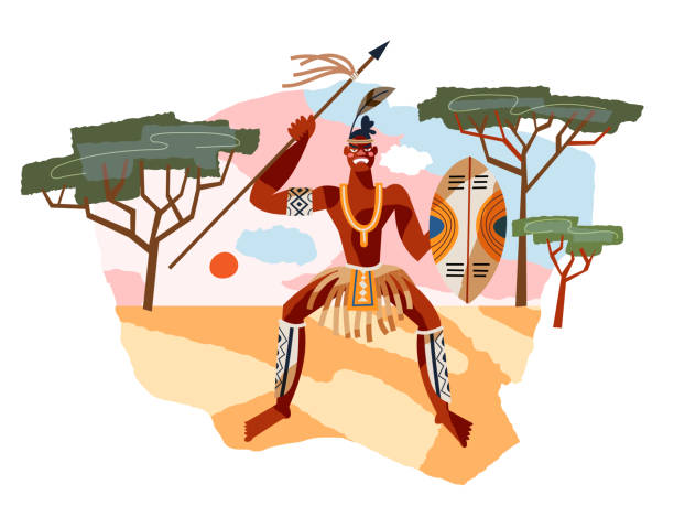 창과 방패를 가진 아프리카 부족 남자. 자연 벡터 일러스트에 서 화가 전사. 무기를 가진 젊은 남자. 전통적인 요소, 나무가있는 정글, 태양 배경 - loin cloth stock illustrations