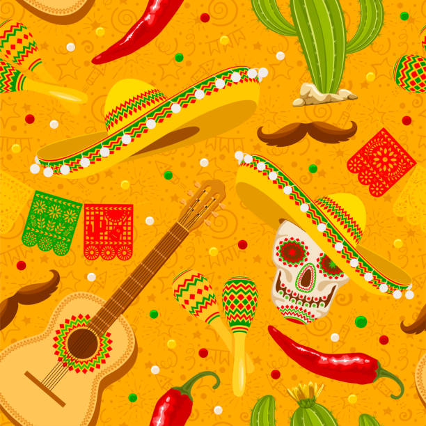 cinco de mayo gelb nahtloses muster - mexican culture cinco de mayo backgrounds sombrero stock-grafiken, -clipart, -cartoons und -symbole