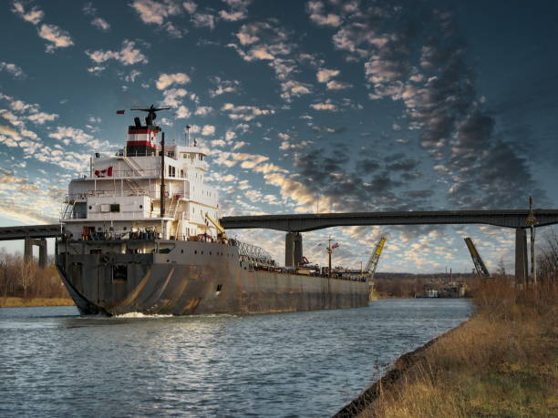 View of a freighter on the Welland Canal in St. Catharines, Ontario, Canada