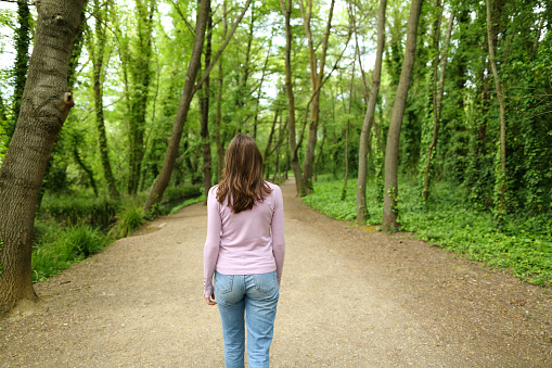 Back view portrait od a casual woman walking in a forest path