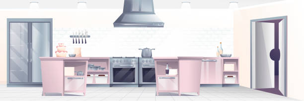 istock Restaurant kitchen interior design background. Professional place for cooking food with stove, oven, counters, fridge vector illustration. Horizontal panorama of culinary room 1314560300