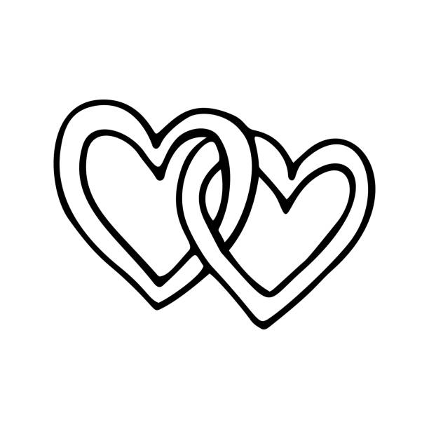 prosty wektor doodle dwa połączone serce na walentynkowe karty, plakaty, zaręczyny i projekt ślubu. ręcznie rysowane serce, odizolowane na białym tle. geometryczny kształt, symbol walentynki. - symmetry happiness symbol wedding stock illustrations