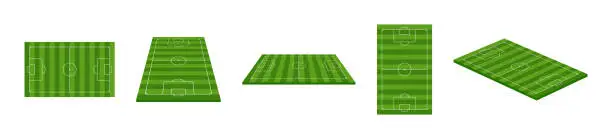 Vector illustration of Football stadium. 3d soccer field. Green football arena with perspective view. Isometric court for sport game. Green grass on soccer field with line, frame and corner. European league. Vector