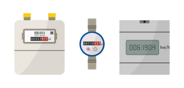 Meter of electric, gas and water. Counter box with display for measure consumption of electrician, water and gas. Equipment for home. Machine for control and economize energy. Data panel. Vector Meter of electric, gas and water. Counter box with display for measure consumption of electrician, water and gas. Equipment for home. Machine for control and economize energy. Data panel. Vector. iot logo stock illustrations