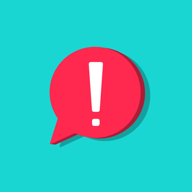 istock Exclamation mark in bubble. Icon of attention and alert. Exclamation point for warning of important. Red circle on blue background for speech. Symbol of caution, danger, risk. Logo for info. Vector. 1314564588