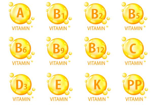 ビタミンa、b1、b2、b5、b6、b9、b12、c、d3、e、k1、pp.3dアイコンセット。ゼラチンカプセル。ビタミン複合体。健康的なライフスタイル、栄養の概念。丸い看板のコレクション。ベクターの図。 - vitamin k illustrations点のイラスト素材／クリップアート素材／マンガ素材／アイコン素材