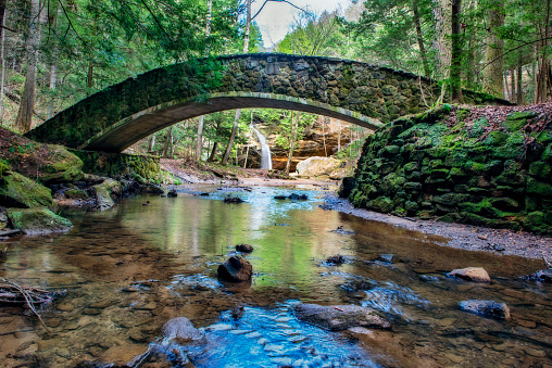 Waterfall as seen through Arched Bridge. The waterfall is the “lower falls” of Hocking Hills State Park, Ohio.