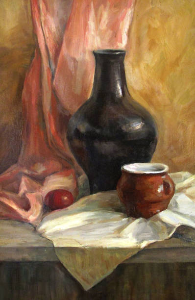 istock Rustic still life with a black jug and an egg, oil painting 1314568973