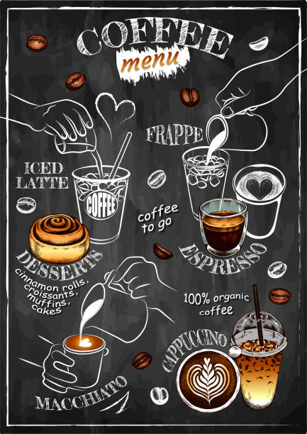 칠판에 고립 된 커피 메뉴의 손으로 그린 템플릿을 스케치 - coffee coffee crop sign cafe stock illustrations