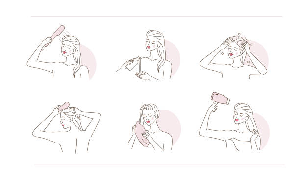 헤어 세안 - hair care straight hair towel women stock illustrations