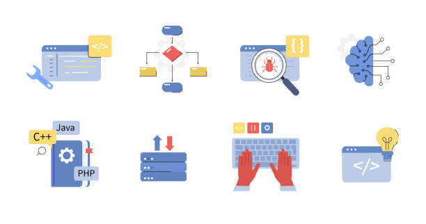 programming icons Programming Learning, Algorithms, Debugging, Code Writing and other Programming and Coding Icons. Software Development Signs Collection. Technology Concept. Flat Cartoon Vector Illustration. debug stock illustrations