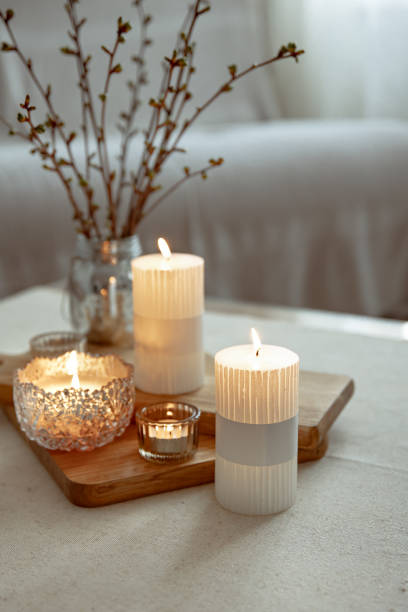 istock Home still life with burning candles as home decor details. 1314572499