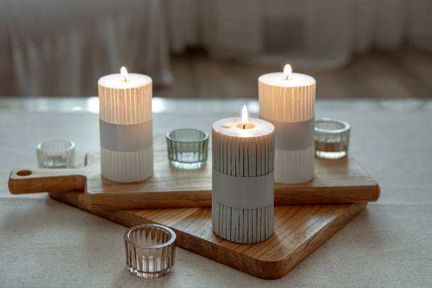 istock Home still life with burning candles as home decor details. 1314572504