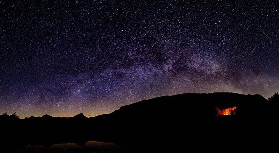 The Milky Way rising over the mountains around Blea Tarn in the English lake district