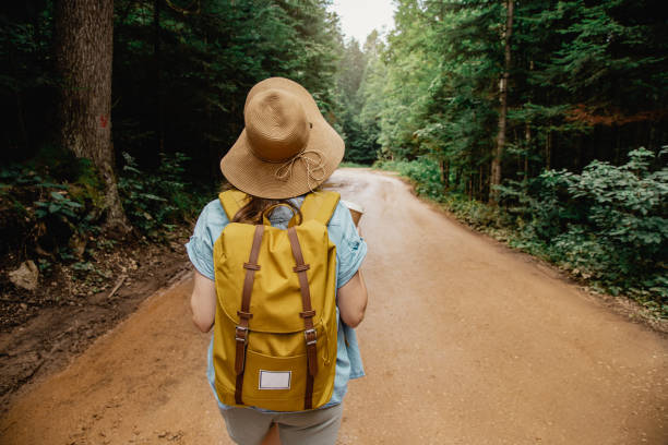 istock Woman with backpack hiking in the forest 1314577499