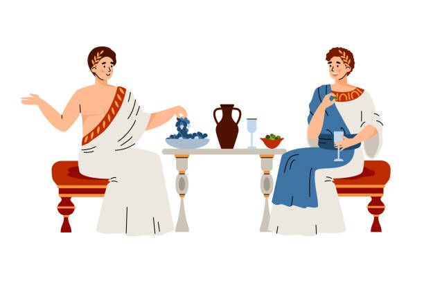obywatele w tradycyjnych ubraniach starożytnego rzymu jedzą owoce, piją wino i rozmawiają - ancient rome stock illustrations