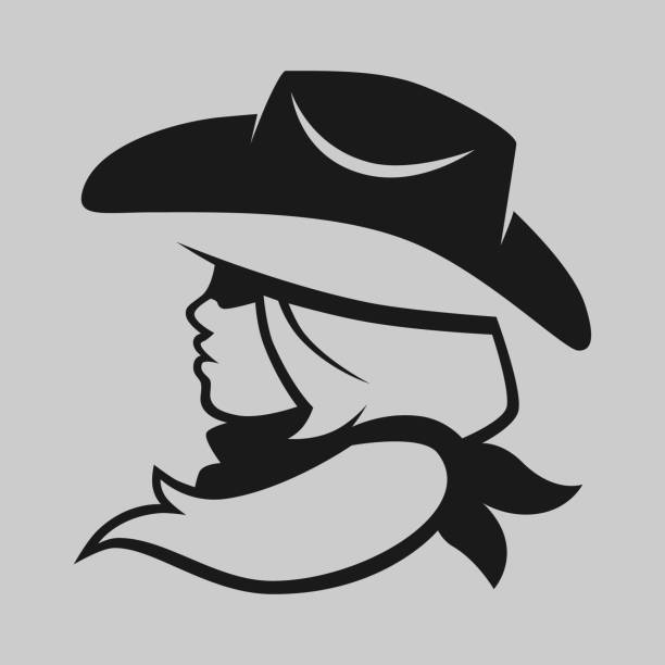Cowgirl symbol on gray backdrop Cowgirl wearing bandana portrait symbol on gray backdrop. Design element silhouette of a cowboys logo pic stock illustrations