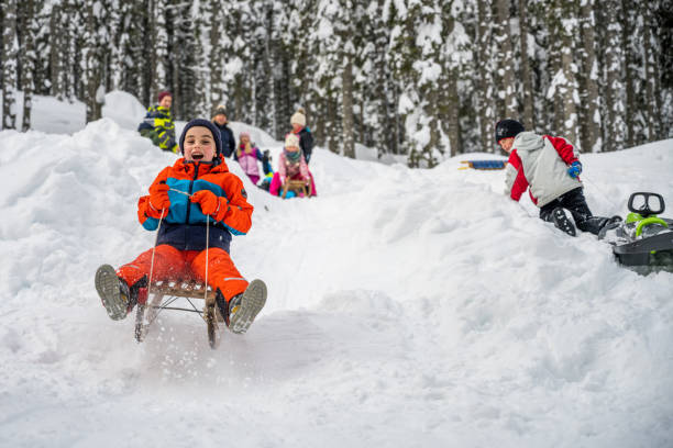 istock Boy tobogganing on snowy hill 1314584213