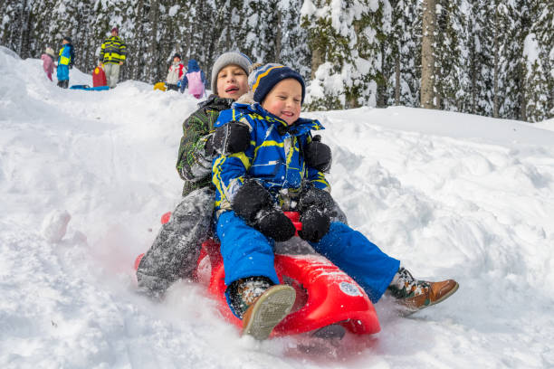istock Boys tobogganing on snowy hill 1314584293