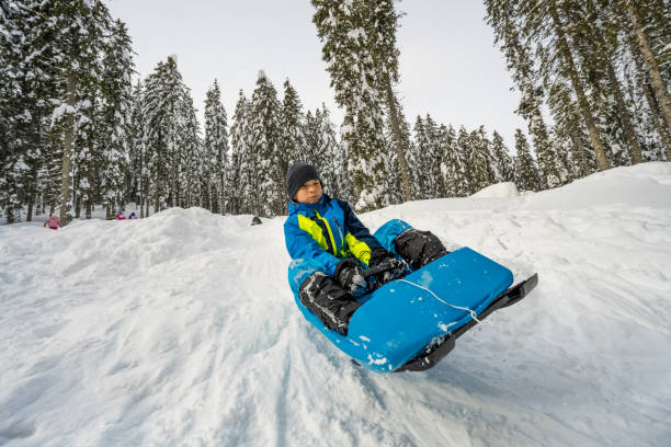 istock Boy tobogganing on snowy hill 1314584316