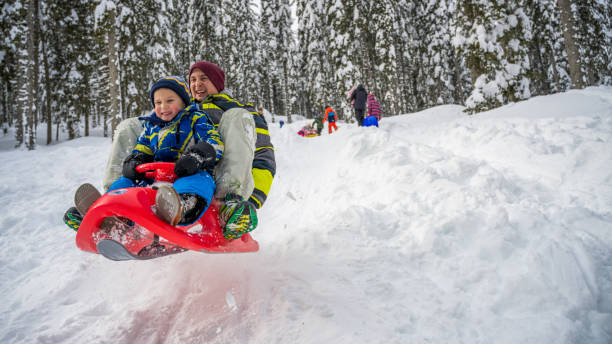 istock Father and son tobogganing on snowy hill 1314584342