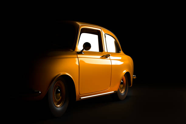 Yellow retro car side view in dark garage room