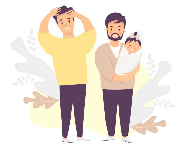 Vector illustration of Male couple with a baby. Two sad and frightened men are holding a crying newborn. Vector illustration. LGBT European family with newborn daughter, stressful situation