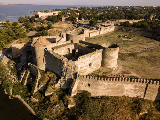 Aerial top view to Akkerman fortress which is on the bank of the Dniester estuary, in Odessa region. Beatutiful aerial view of ancient fortress Akkerman which is on the bank of the Dniester estuary, in Odessa region, Ukraine belgorod photos stock pictures, royalty-free photos & images