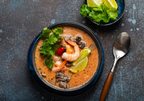 istock Thai soup Tom Yum with seafood in bowl from above 1314586277