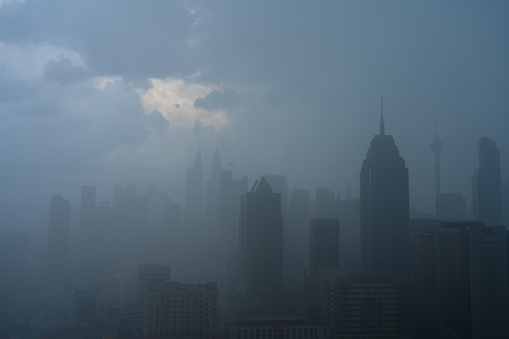 Heavy fog landscape of Kuala Lumpur city center. Langkawi, Malaysia - 06.11,2020