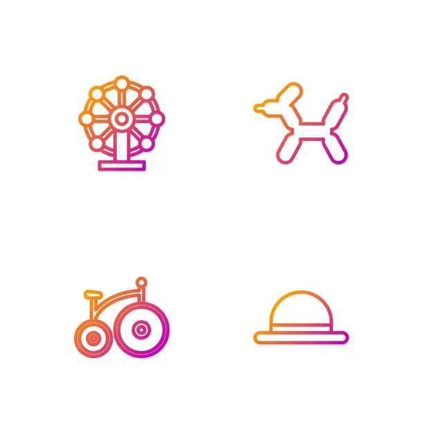 Vector illustration of Set line Clown hat, Vintage bicycle, Ferris wheel and Balloon dog. Gradient color icons. Vector