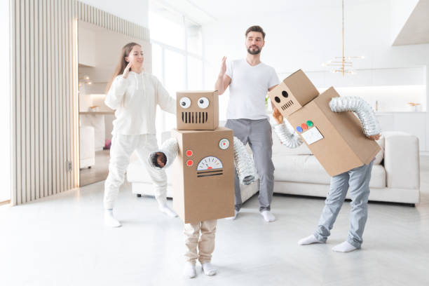 Family playing robots at home