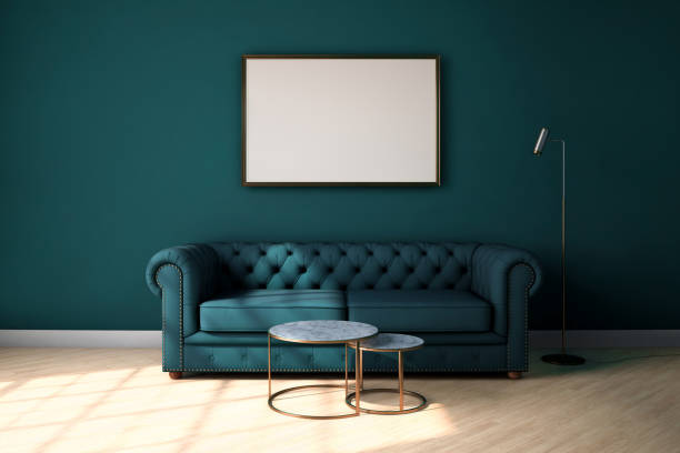 istock Mock-up frame in dark green home interior with sofa, coffee table and floor lamp. Modern classic interior. 3D render, 3D illustration. Template, ready to use. Free space for your picture. 1314591366
