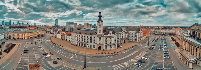 Beautiful panoramic aerial drone skyline view of the Warsaw Grand Theatre (national opera house) on the Theater square (POL: Plac Teatralny), Poland, EU