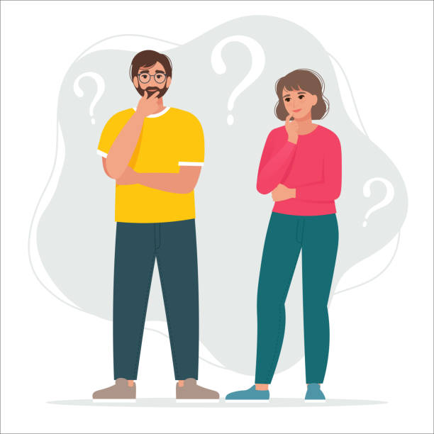 ilustrações de stock, clip art, desenhos animados e ícones de two people - male and female asking questions. thinking man and woman. vector illustration in flat style - question mark asking problems thinking