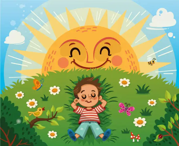 Vector illustration of Little Boy Enjoying the Sun