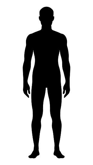 Man silhouette standing. Solid black shape of human body. Slim male body, front view. Modern perfect vector.
