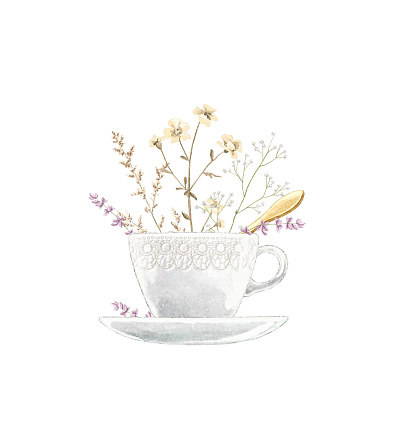 Watercolor vintage tea cup on saucer with flowers and golden spoon isolated on white background. Hand drawn illustration sketch