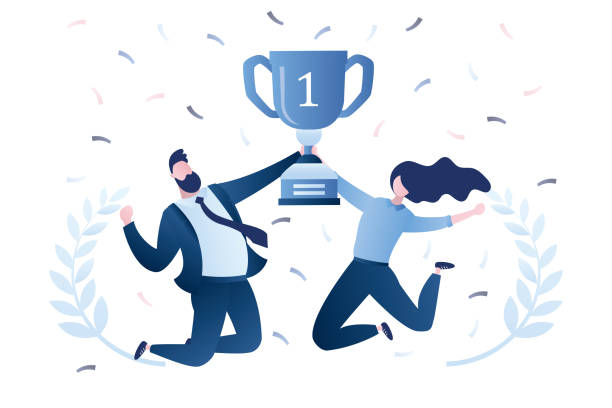 Happy business people or office workers with cup in jump. Successful team with first place cup. Gender equality. Winner's reward ceremony, vector art illustration