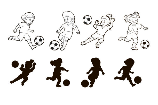 ilustrações de stock, clip art, desenhos animados e ícones de coloring book: young girls football players play with a ball. a set of four shapes. game - find the correct shadow. vector illustration, cartoon, black and white lines. - humor book fun human age