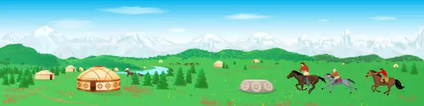 Vector illustration of Central Asia's Nomadic Scene with Yurts, Mountains, summer landscape and riders Kyrgyz National competition Kok-Boru vector illustration