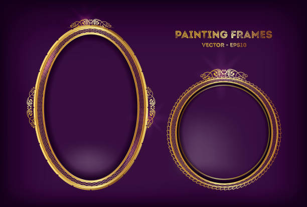 illustrations, cliparts, dessins animés et icônes de peinture vide ou cadre d’image avec les bordures en bois gravées et sculpteures d’or. ensemble de cadres décoratifs rétro ornementaux détaillés d’image. - picture frame frame ellipse photograph